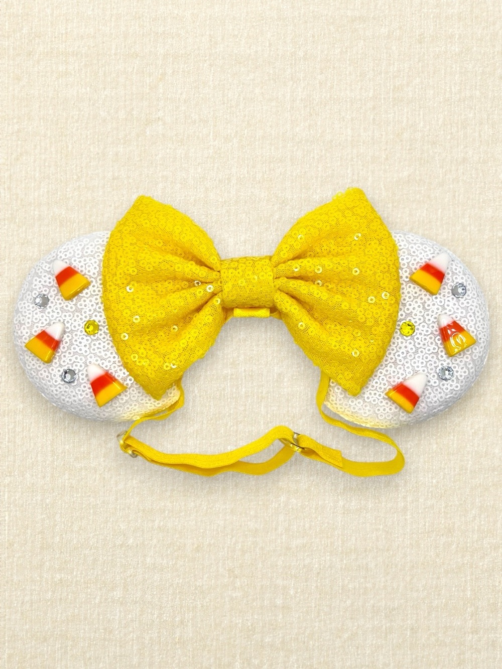 Elastic White Sequin Candy Corn Minnie Ears | Disney-Inspired Mouse Ears
